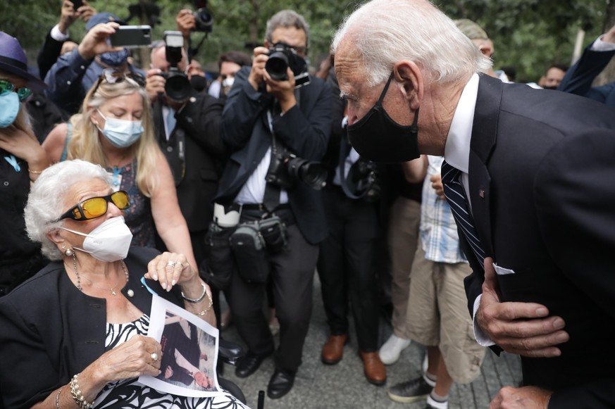 NEW YORK, NEW YORK - SEPTEMBER 11: Democratic presidential nominee Joe Biden meets with Maria Fisher, 90, whose son Andrew Fisher was killed in north World Trade Center tower, during a 9/11 memorial s ...