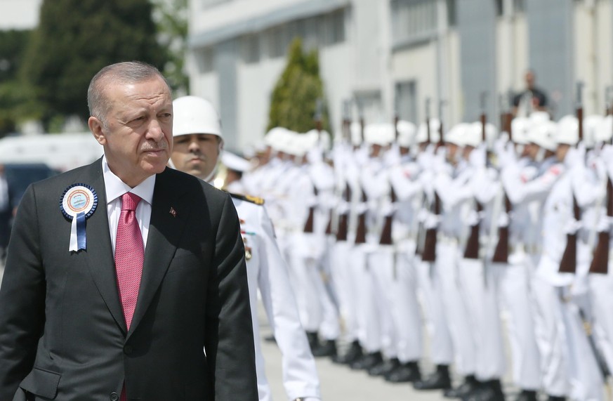 KOCAELI, TURKIYE - MAY 22: Turkish President Recep Tayyip Erdogan attends ceremony marking docking of Hizirreis submarine at Golcuk Naval Shipyard Command and start of manufacturing of Selmanreis subm ...
