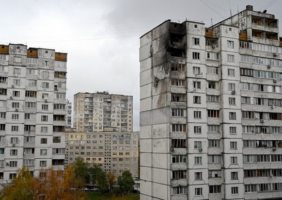 KYIV, UKRAINE - NOVEMBER 2, 2024 - Apartments on the top two floors of a 16-storey residential building in the Sviatoshynskyi district are damaged by a fire caused by falling Russian drone debris, Kyi ...