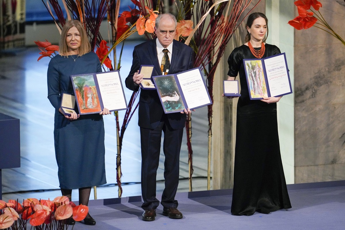 From left: Natallia Pintsyuk, representing her husband, the jailed activist Ales Bialiatski from Belarus, Jan Rachynskij, representing the Russian organization Memorial and Oleksandra Matviytsyuk, rep ...