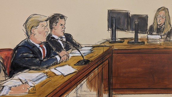 This artist sketch depicts former President Donald Trump, far left, pleading not guilty as the Clerk of the Court reads the charges and asks him &quot;How do you plea?&quot; Tuesday, April 4, 2023, in ...