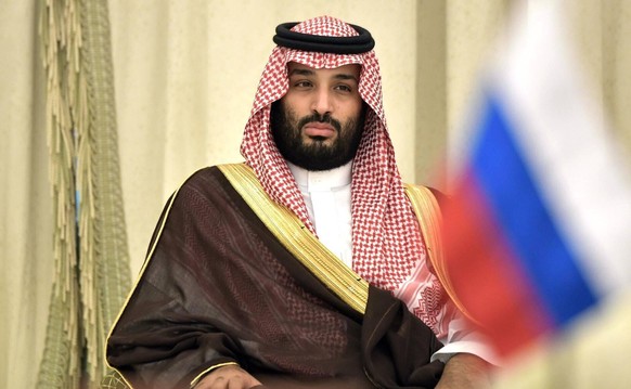 October 14, 2019. - Saudi Arabia, Riyadh. - Crown Prince of Saudi Arabia Mohammed bin Salman al Saud at a ceremony to sign joint documents following Russian-Saudi talks at the Al-Yamamah Royal Palace. ...