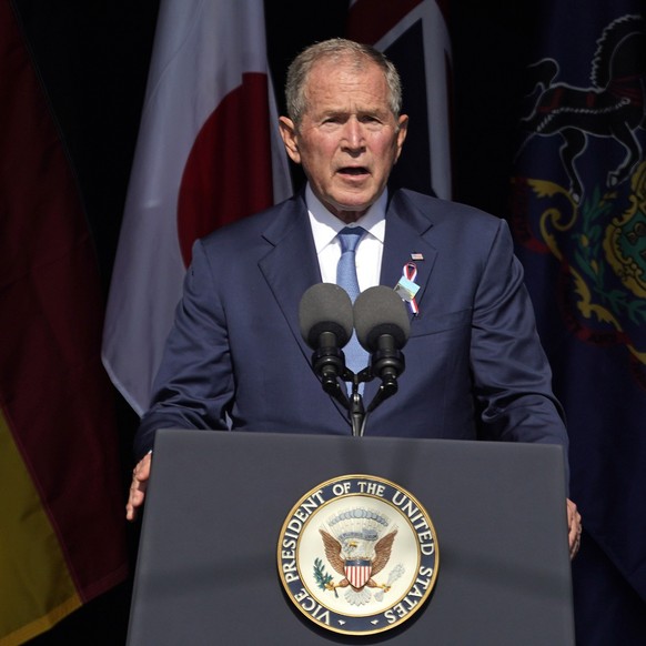 FILE - Former President George W. Bush speaks at the Flight 93 National Memorial in Shanksville, Pa., Saturday, Sept. 11, 2021, on the 20th anniversary of the Sept. 11, 2001 attacks. On Friday, Jan. 2 ...