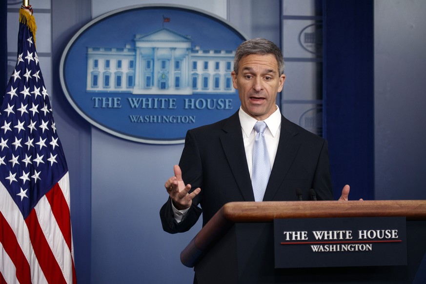 Acting Director of United States Citizenship and Immigration Services Ken Cuccinelli, speaks during a briefing at the White House, Monday, Aug. 12, 2019, in Washington. (AP Photo/Evan Vucci)