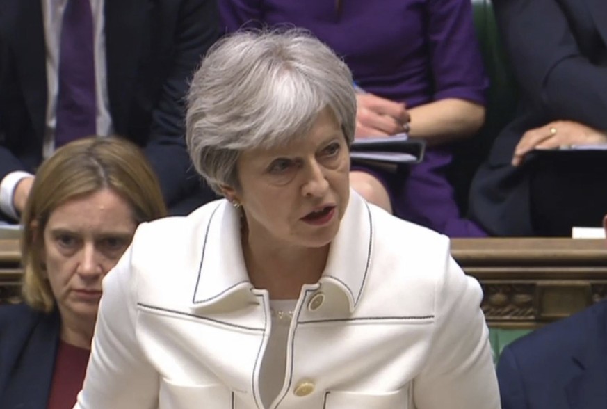 Britain's Prime Minister Theresa May makes a statement to MPs in the House of Commons in London, Monday April 16, 2018 over her decision to launch air strikes against Syria. British Prime Minister The ...