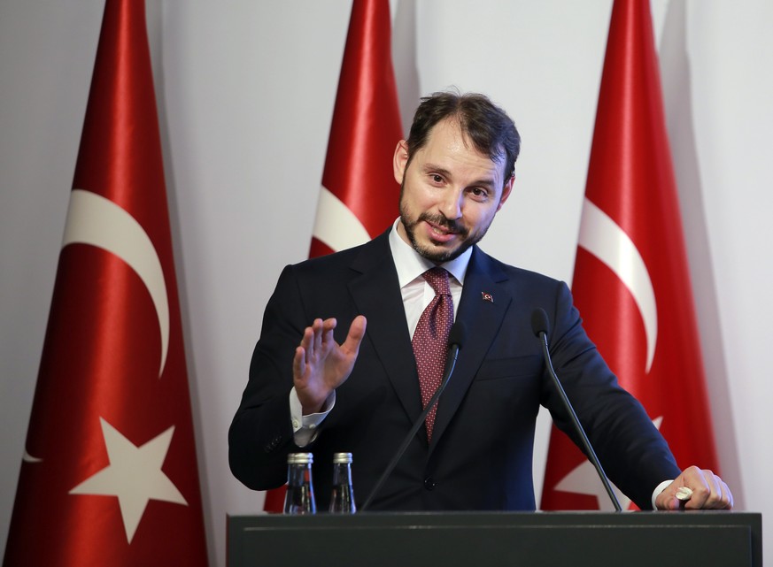 Berat Albayrak, Turkey&#039;s Finance and Treasury Minister, son-in-law of President Recep Tayyip Erdogan, speaks about a &quot; new economic model &quot; in Istanbul, Friday, Aug. 10, 2018. Turkey wa ...