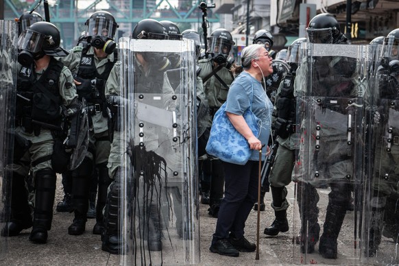 Zu sehen ist die ältere Dame, wie sie die Polizisten verzweifelt anbrüllt, mit dem gewaltsamen Vorgehen gegen die Demonstranten aufzuhören. 