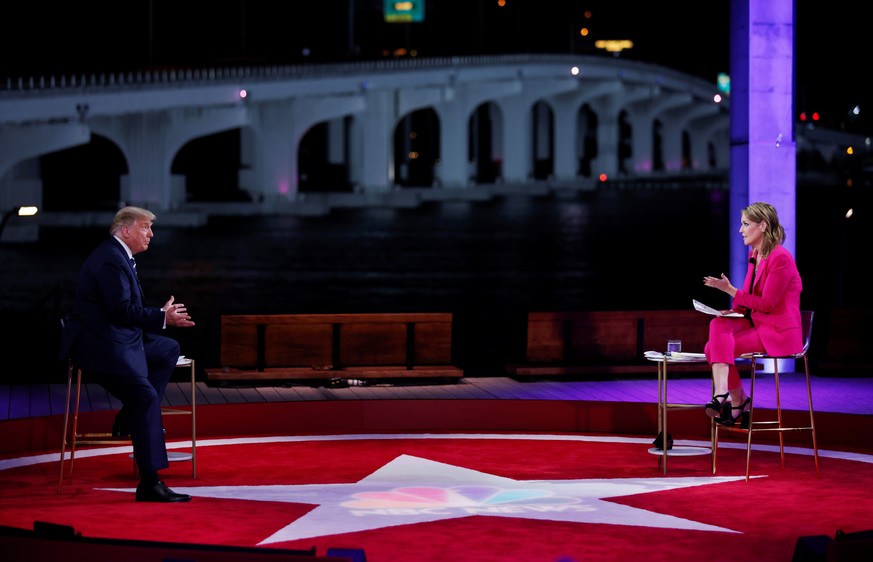 U.S. President Donald Trump speaks with host Savannah Guthrie during a live one-hour NBC News town hall forum with a group of Florida voters in Miami, Florida, U.S., October 15, 2020. REUTERS/Carlos B ...