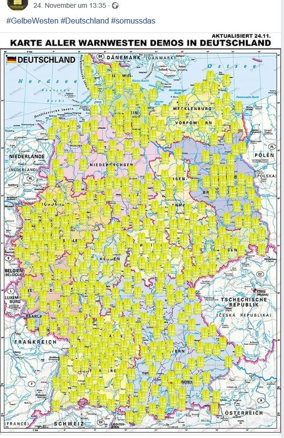 Wunschdenken: Bereits am Freitag existierte diese Karte von Warnwesten-Demonstrationen. Es gibt keine Belege, dass an die vielen Orten tatsächlich schon etwas organisiert war.&nbsp;