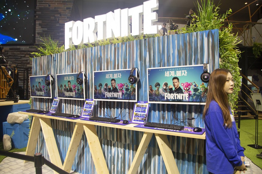 G-Star Global Game Exhibition, Nov 15, 2018 : Promotional booth of online video game Fortnite at the G-Star Global Game Exhibition in Busan, about 420 km (261 miles) southeast of Seoul, South Korea. S ...
