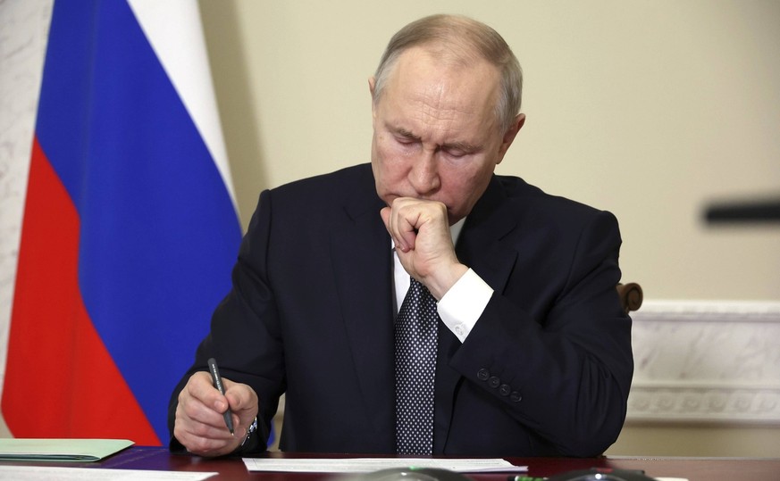 May 2, 2023, St Petersburg, Moscow Oblast, Russia: Russian President Vladimir Putin holds a video conference meeting with members of the government, May 2, 2023 in St Petersburg, Russia. The meeting i ...