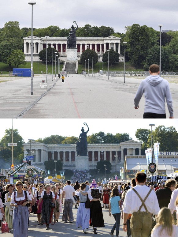 Themenfoto:Theresienwiese in Muenchen in Coronazeiten und davor. Am 19.09.2020 sollte das Oktoberfest in Muenchen eroeffnet werden, doch die Coronavirus Pandemie sorgte erstmals seit dem 2. Weltkrieg  ...