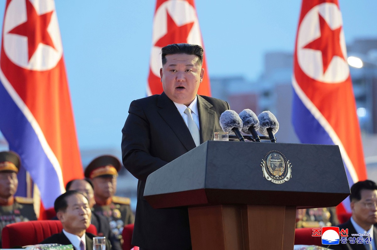 In this photo provided by the North Korean government, North Korean leader Kim Jong Un speaks during a ceremony to mark the 80th anniversary of Korea’s liberation from Japanese colonial rule, in Pyong ...