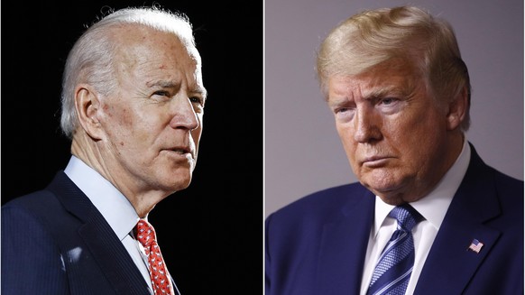 FILE - In this combination of file photos, former Vice President Joe Biden speaks in Wilmington, Del., on March 12, 2020, left, and President Donald Trump speaks at the White House in Washington on Ap ...