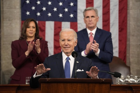 President Joe Biden delivers the State of the Union address to a joint session of Congress at the U.S. Capitol, Tuesday, Feb. 7, 2023, in Washington, as Vice President Kamala Harris and House Speaker  ...