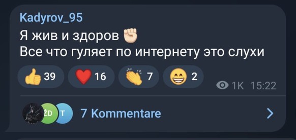 Kadyrow gibt ein Statement zu den Gerüchten um seinen Gesundheitszustand ab.