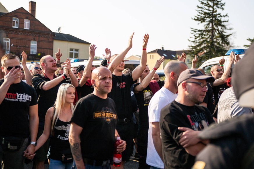 April 21, 2018 - Ostritz, Sassonia, Germany - More than 1200 Neonazis attended at the Schild und Schwert (Shield and Sword) festival in Ostritz (Saxony, Germany) at the Neison 21th of April. The festi ...