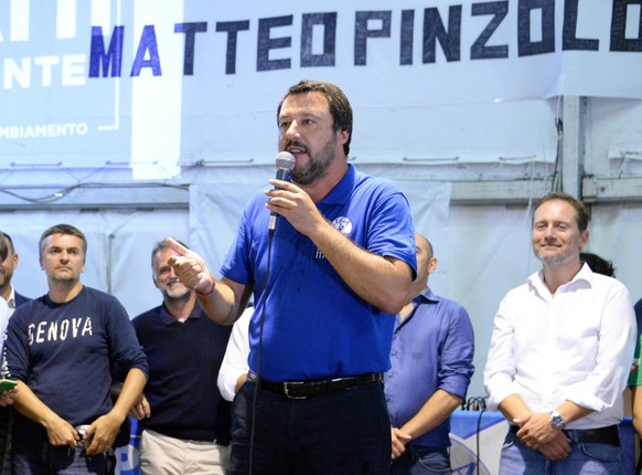 Italian Deputy Premier and Interior Minister, Matteo Salvini, speaks at a Lega party's meeting in Pinzolo, Italy, Saturday, Aug. 25, 2018. Italian state TV says Italy's interior minister is being inve ...