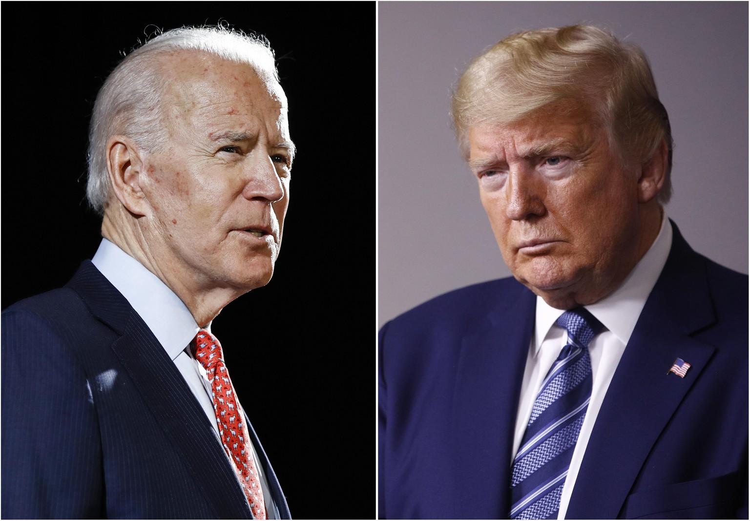 FILE - In this combination of file photos, former Vice President Joe Biden speaks in Wilmington, Del., on March 12, 2020, left, and President Donald Trump speaks at the White House in Washington on Ap ...