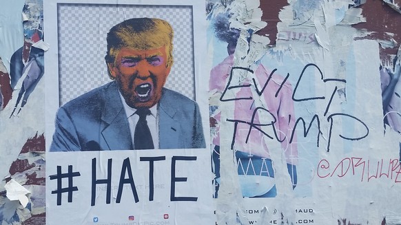 New York City, United States - June 29, 2016: In the months leading up to the presidential election on the exterior of a building in the Chelsea neighborhood of Manhattan a poster with an image of Don ...