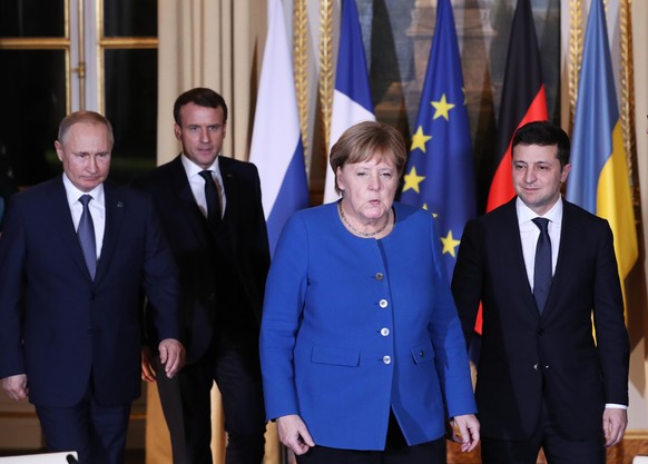 191210 -- PARIS, Dec. 10, 2019 -- Russian President Vladimir Putin, French President Emmanuel Macron, German Chancellor Angela Merkel, and Ukrainian President Volodymyr Zelensky L to R attend Normandy ...