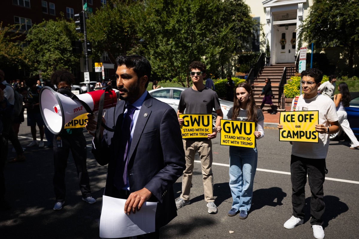 George Washington University students walk out to protest National Guard deployment in Washington D.C. Shadow Senator Ankit Jain speaks to students in front of George Washington University President E ...