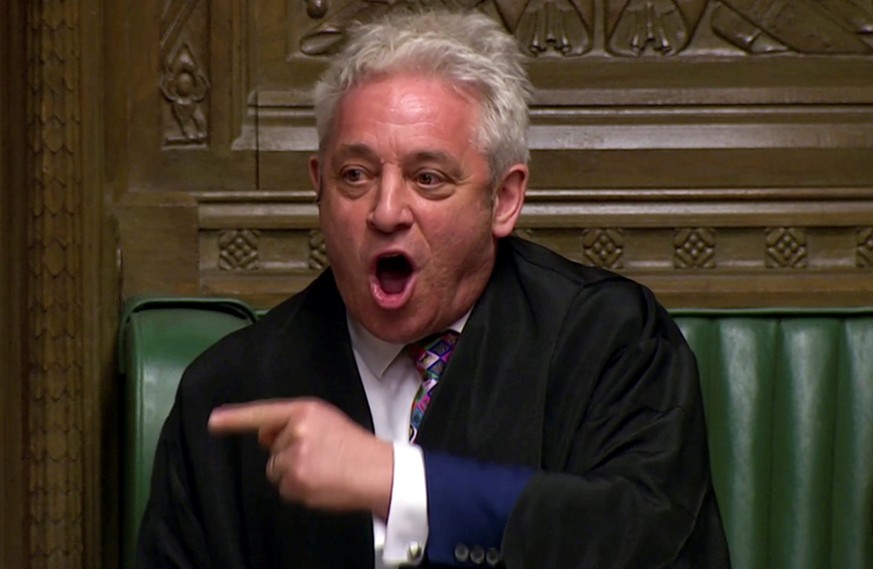 FILE PHOTO: Speaker of the House John Bercow announces the results of the vote on alternative Brexit options in Parliament in London, Britain, March 27, 2019 in this screen grab taken from video. Reut ...