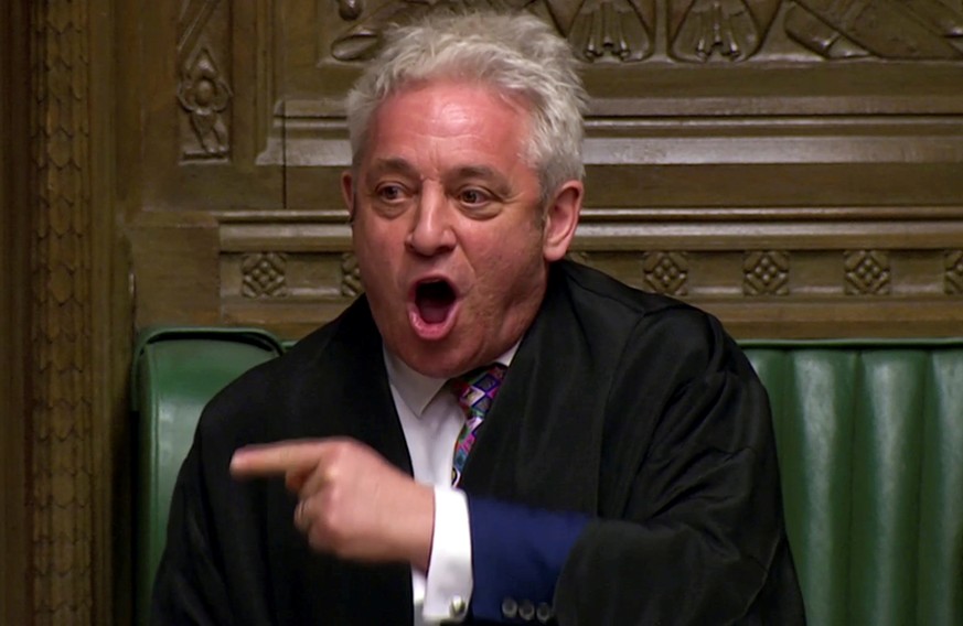 FILE PHOTO: Speaker of the House John Bercow announces the results of the vote on alternative Brexit options in Parliament in London, Britain, March 27, 2019 in this screen grab taken from video. Reut ...