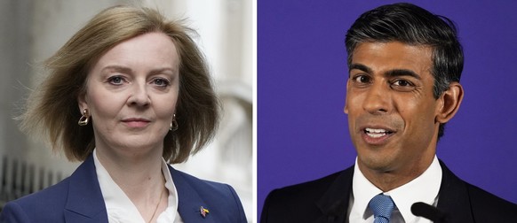 FILE This combo of file photos shows the remaining candidates in the Conservative Party leadership race, former Chancellor of the Exchequer Rishi Sunak and Foreign Secretary Liz Truss. The two candida ...