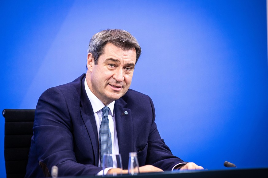 BERLIN, GERMANY - DECEMBER 13: Bavarian Governor Markus Soeder speaks to the media about new, stricter lockdown measures following a meeting of federal and states government leaders on December 13, 20 ...