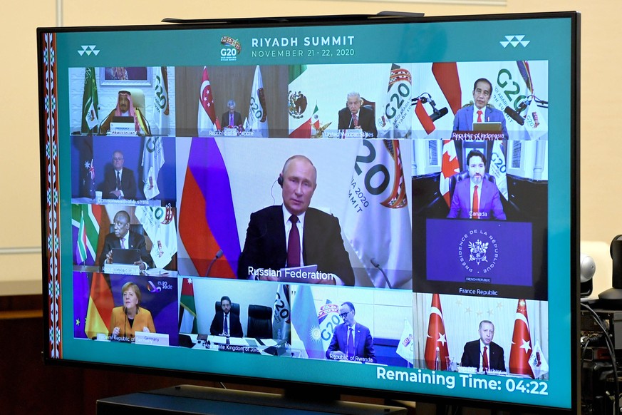 MOSCOW REGION, RUSSIA - NOVEMBER 21, 2020: Seen in this photograph is a video screen in the Russian president s office in the Novo Ogaryovo residence during the 15th G20 Summit hosted by Saudi Arabia. ...
