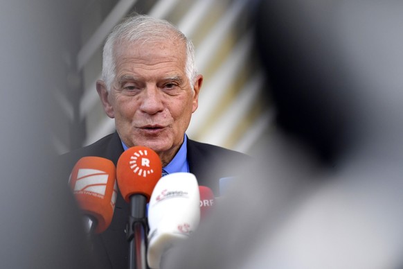 European Union foreign policy chief Josep Borrell speaks with the media as he arrives for an EU summit in Brussels, Thursday, Oct. 20, 2022. European Union leaders were heading into a two-day summit T ...
