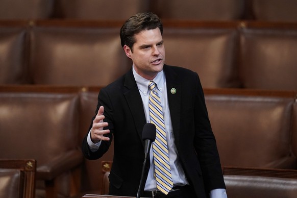 Rep. Matt Gaetz, R-Fla., nominates former President Donald Trump in the House chamber as the House meets for the third day to elect a speaker and convene the 118th Congress in Washington, Thursday, Ja ...