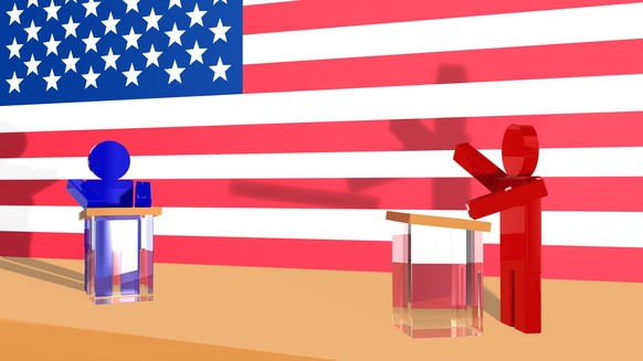 A republican and a democrat having a political debate in front of the american flag 3d render