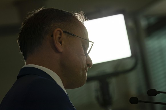 Co-leader of parliamentary group of Alternative for Germany (AfD) party Tino Chrupalla gives a statement to the media before a group meeting in Bundestag in Berlin, Germany on November 10, 2021. (Phot ...