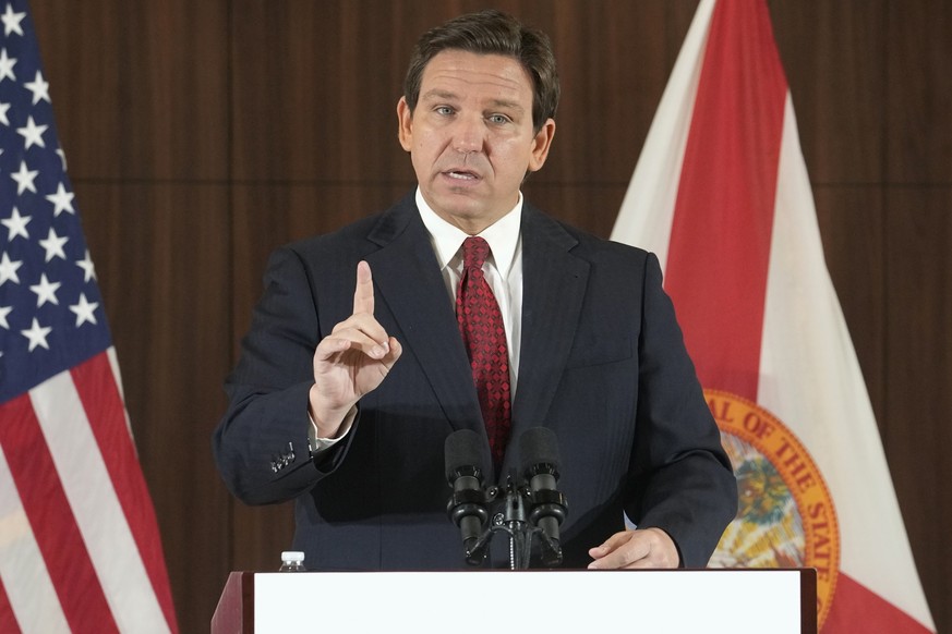 FILE - Florida Gov. Ron DeSantis gestures during a news conference, Jan. 26, 2023, in Miami. DeSantis and Florida lawmakers are proposing to make it easier to send convicts to death row by eliminating ...