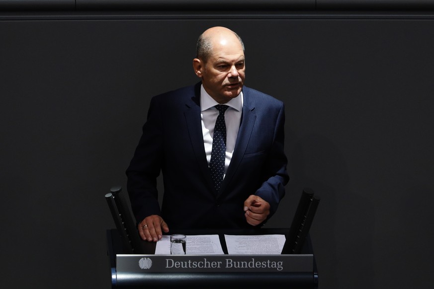 BERLIN, GERMANY - SEPTEMBER 10: Finance Minister and vice Chancellor, Olaf Scholz (SPD) speaks during the first session after summer Vacation of the German Parliament,or Bundestag, which debates the F ...