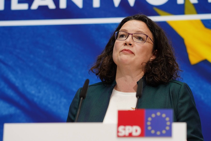 26.05.2019,Berlin,Deutschland,GER, Europawahl, Willy-Brandt-Haus SPD Zentrale , Andrea Nahles *** 26 05 2019,Berlin,Germany,GER, European Election, Willy Brandt House SPD Headquarters , Andrea Nahles