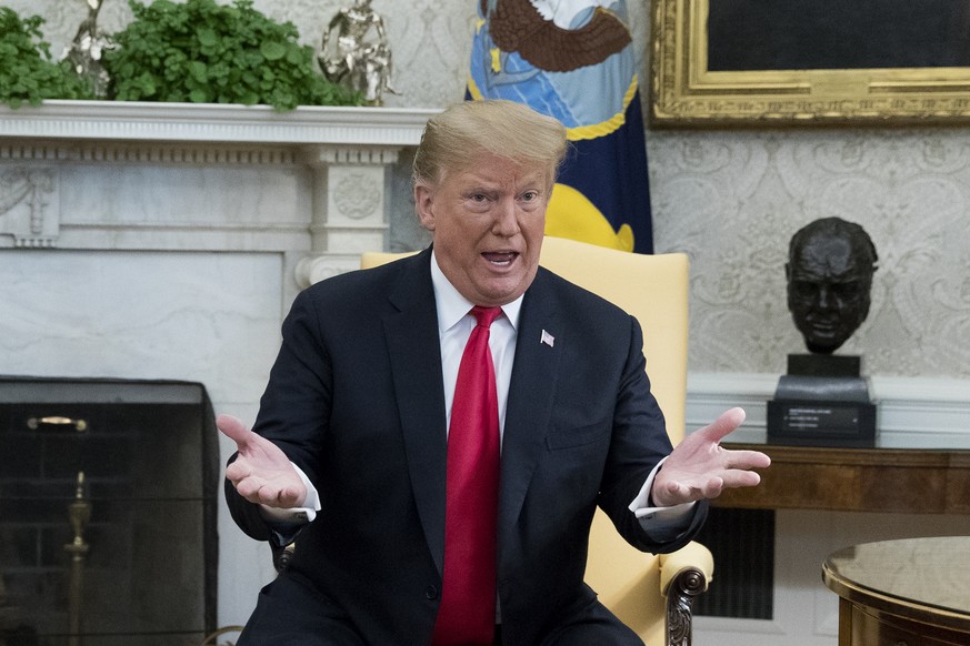 WASHINGTON, DC - MARCH 25: (AFP OUT) US President Donald J. Trump delivers remarks to members of the news media during a meeting with Prime Minister of Israel Benjamin Netanyahu (unseen) in the Oval O ...