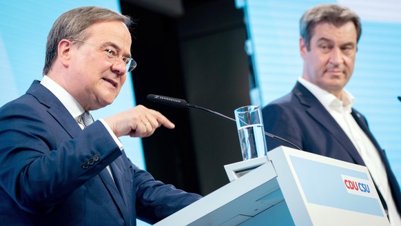 Armin Laschet und Markus Söder bei der Pressekonferenz zum Wahlprogramm der Union für die Bundestagswahl.