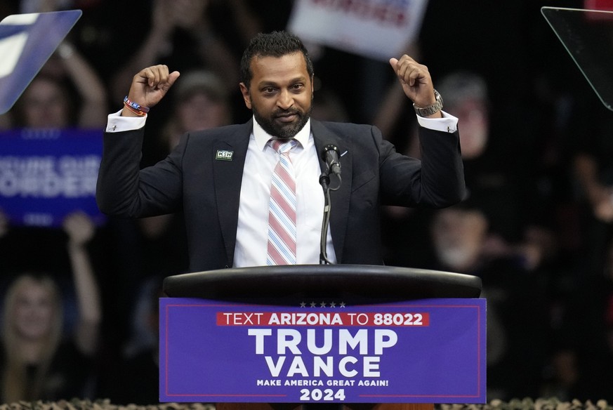 Kash Patel speaks before Republican presidential nominee former President Donald Trump at a campaign rally at the Findlay Toyota Arena Sunday, Oct. 13, 2024, in Prescott Valley, Ariz. (AP Photo/Ross D ...