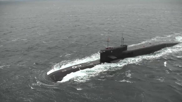 The Tula Russian nuclear-powered submarine is pictured in the Barents Sea, Arctic Ocean, ahead of launching a Sineva ballistic missile at Kura Test Range during an exercise held by the Russian strateg ...