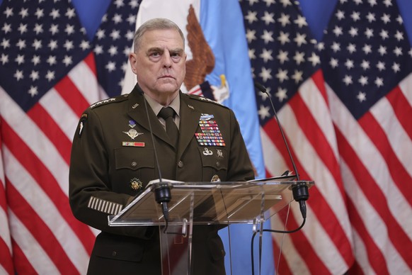 U.S. Joint Chiefs Chairman Gen. Mark Milley speaks during a media conference after a meeting of NATO defense ministers at NATO headquarters in Brussels, Tuesday, Feb. 14, 2023. (AP Photo/Olivier Matth ...
