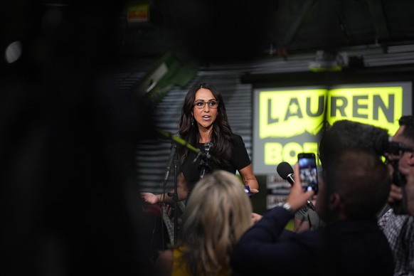 U.S. Rep. Lauren Boebert, R-Colo., speaks to reporters during a primary election watch party, Tuesday, June 25, 2024, in Windsor, Colo. (AP Photo/David Zalubowski)