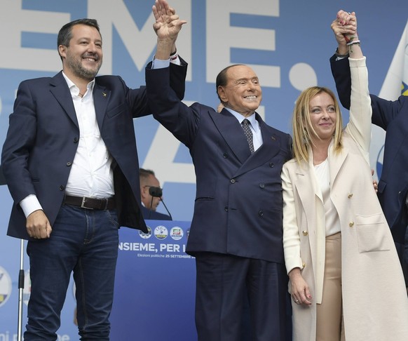 September 22, 2022, Rome, Italy: Matteo Salvini left Silvio Berlusconi center left Giorgia Meloni center right and Maurizio Lupi right attend at the rally closing the election campaign of the center r ...