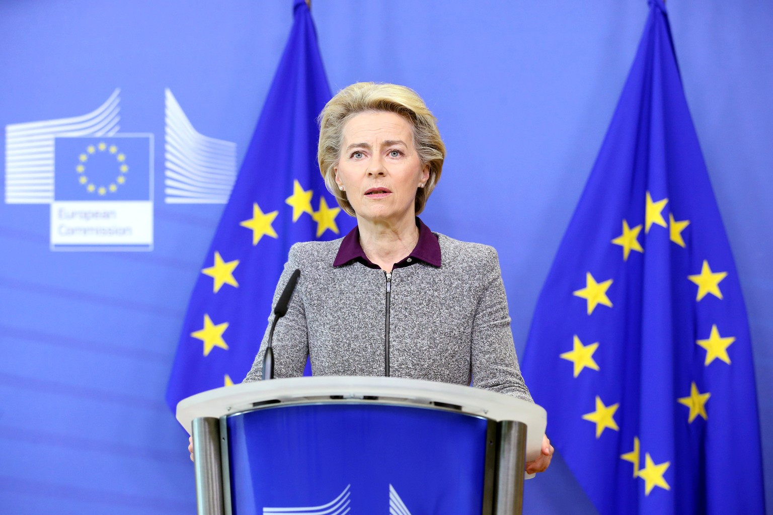 European Commission President Ursula von der Leyen addresses a news conference following the resignation of the EU trade commissioner Phil Hogan, in Brussels, Belgium, August 27, 2020. Francois Walsch ...
