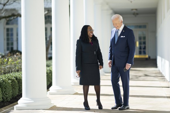 February 25, 2022 - Washington, D.C., USA - President Joe Biden walks with Judge Ketanji Brown Jackson along the West Colonnade of the , Friday, February 25, 2022, prior to announcing her nomination t ...