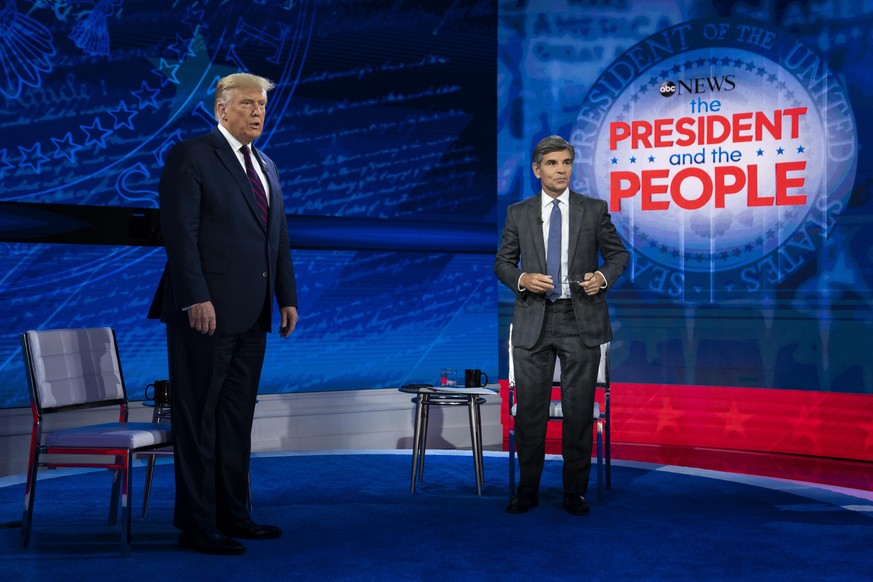 President Donald Trump talks with ABC News anchor George Stephanopoulos before a town hall at National Constitution Center, Tuesday, Sept. 15, 2020, in Philadelphia. (AP Photo/Evan Vucci)