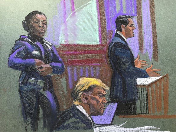 16.04.2024, USA, New York: Auf dieser Gerichtszeichnung sitzt der ehemalige US-Präsident Trump, während sein Anwalt Todd Blanche (r), während des zweiten Tages der Geschworenenauswahl in seinem Schwei ...