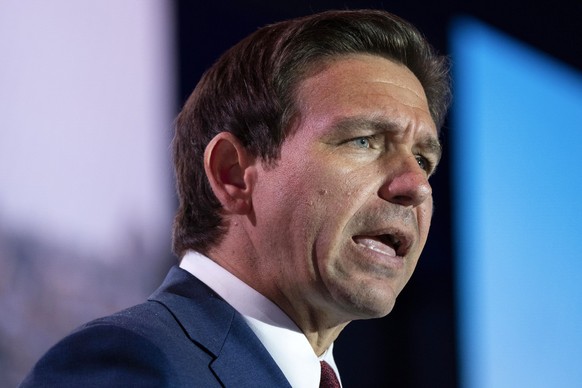 FILE - Republican presidential candidate Florida Gov. Ron DeSantis speaks to the Christians United For Israel (CUFI) Summit 2023, Monday, July 17, 2023, in Arlington, Va. (AP Photo/Jacquelyn Martin, F ...